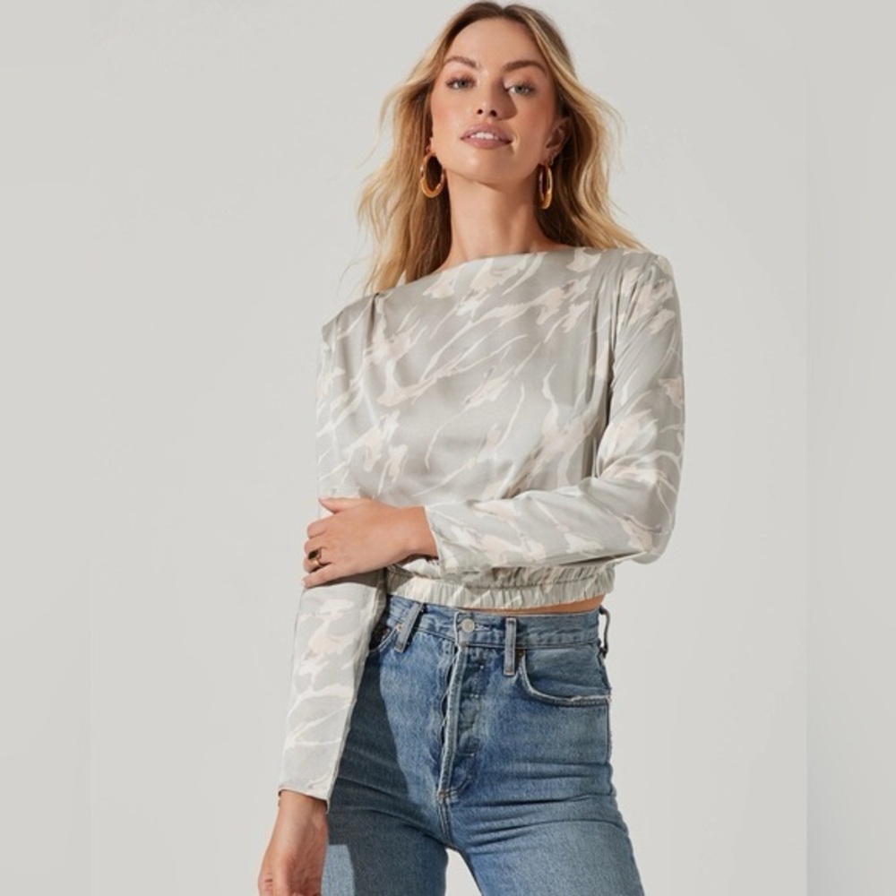 Astr Cropped Long-Sleeve Satin Blouse in Light Gray and Cream